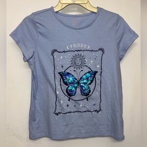 Wonder Nation Blue Butterfly Embellished Sequin Graphic Tee Girls Size XL 14-16
